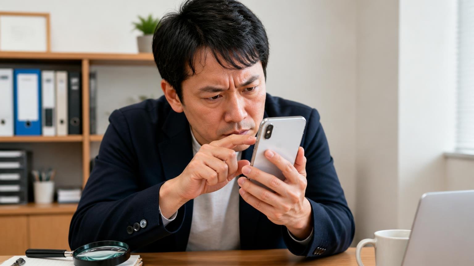 古物商許可番号を必ず確認する。事務所でスマホの会社概要ページを拡大して見る男性1人が真剣な表情
