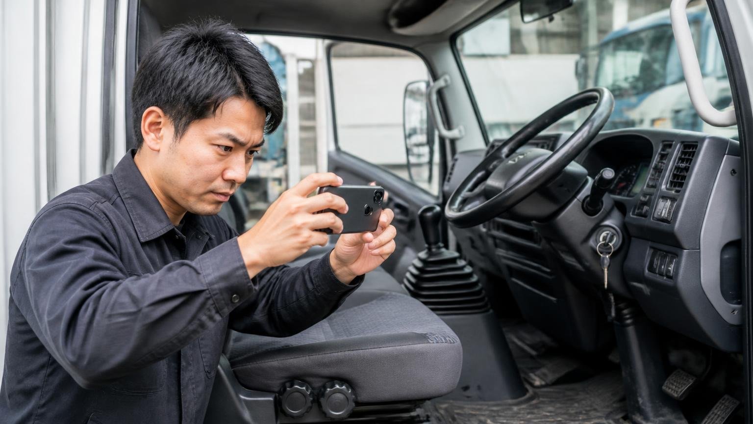 納得できない時の動き方と査定前の準備、査定前にトラックの運転席をスマホで撮影する男性1人が真剣な表情