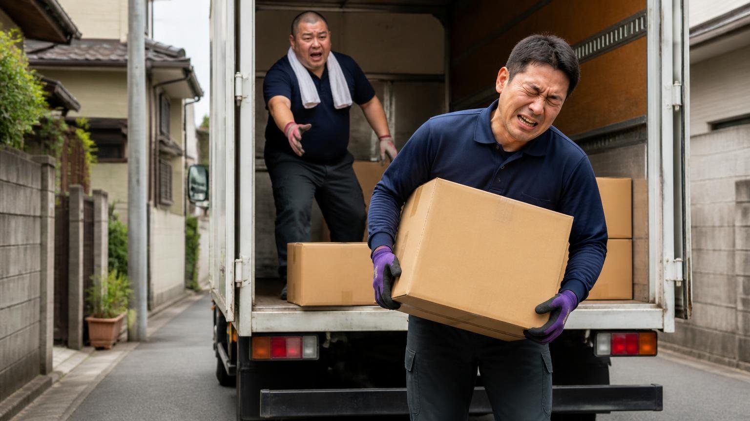 エルフが向いている人・向いていない人。住宅街の狭い道に停まった2tトラックの荷台で荷下ろしする2人
