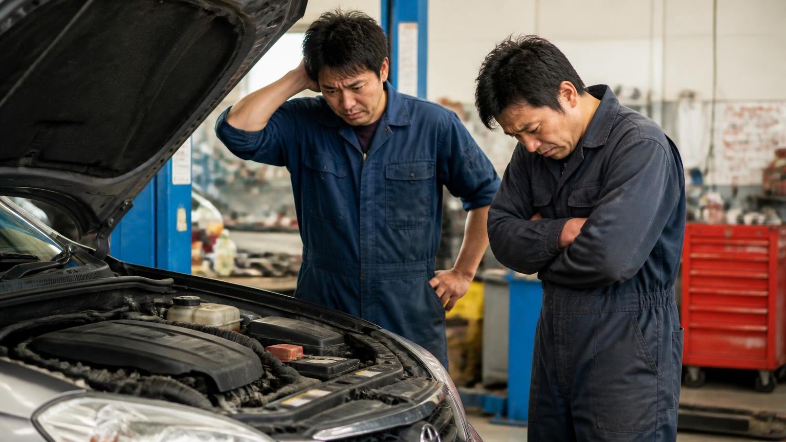 放置が二次被害を呼びエンジンが始動しなくなった実例|整備工場で動かない車両を前に肩を落とす男性2人
