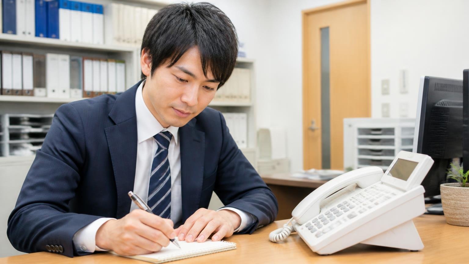断るときに必ず控えておく3つのこと。事務所の電話横で男性1人がメモ帳に日時と名前を書き込む