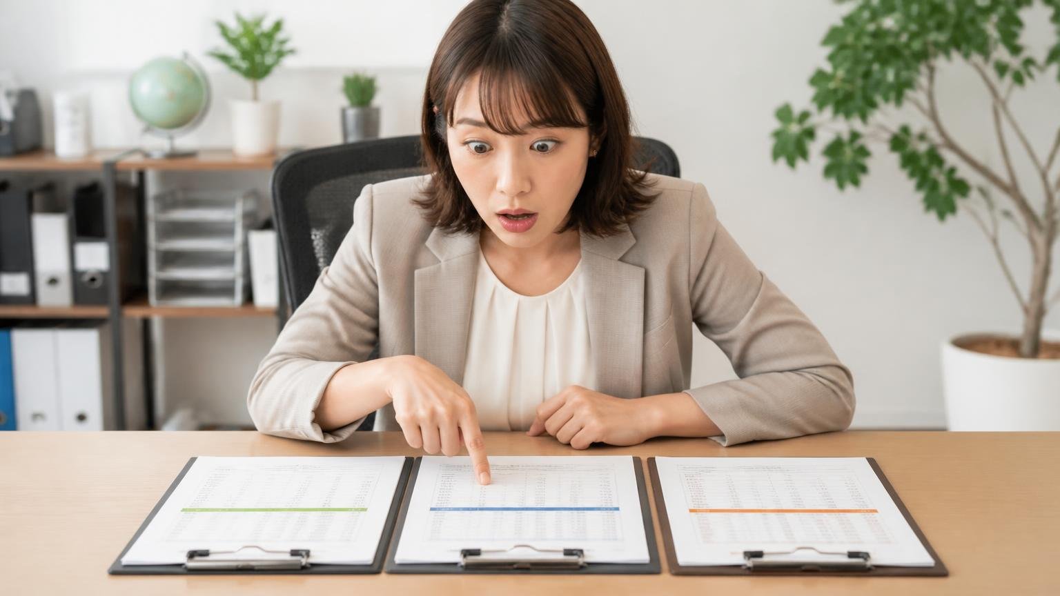 他社より査定額が安かった 事務所の机に並べた3社の見積書を女性1人が見比べて驚いた顔をする