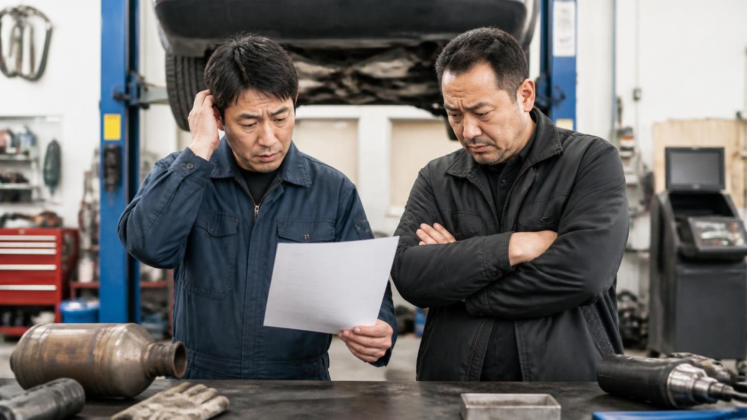 お金をかければ効くこと/整備工場でDPFの見積書を見る作業台の前/男性2人/見積書の金額を見て腕を組む