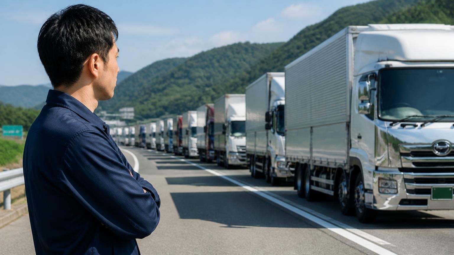 国内シェアは42.0%で首位。高速道路の路肩から並ぶ大型トラックの車列を見つめる男性1人