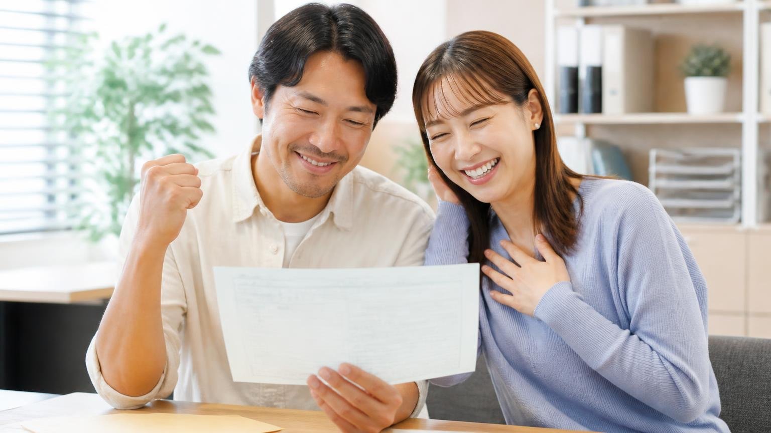 名義変更と所有権解除の代行。事務所で届いたばかりの新しい車検証の写しを手に、肩の力が抜けて安堵する男女2人