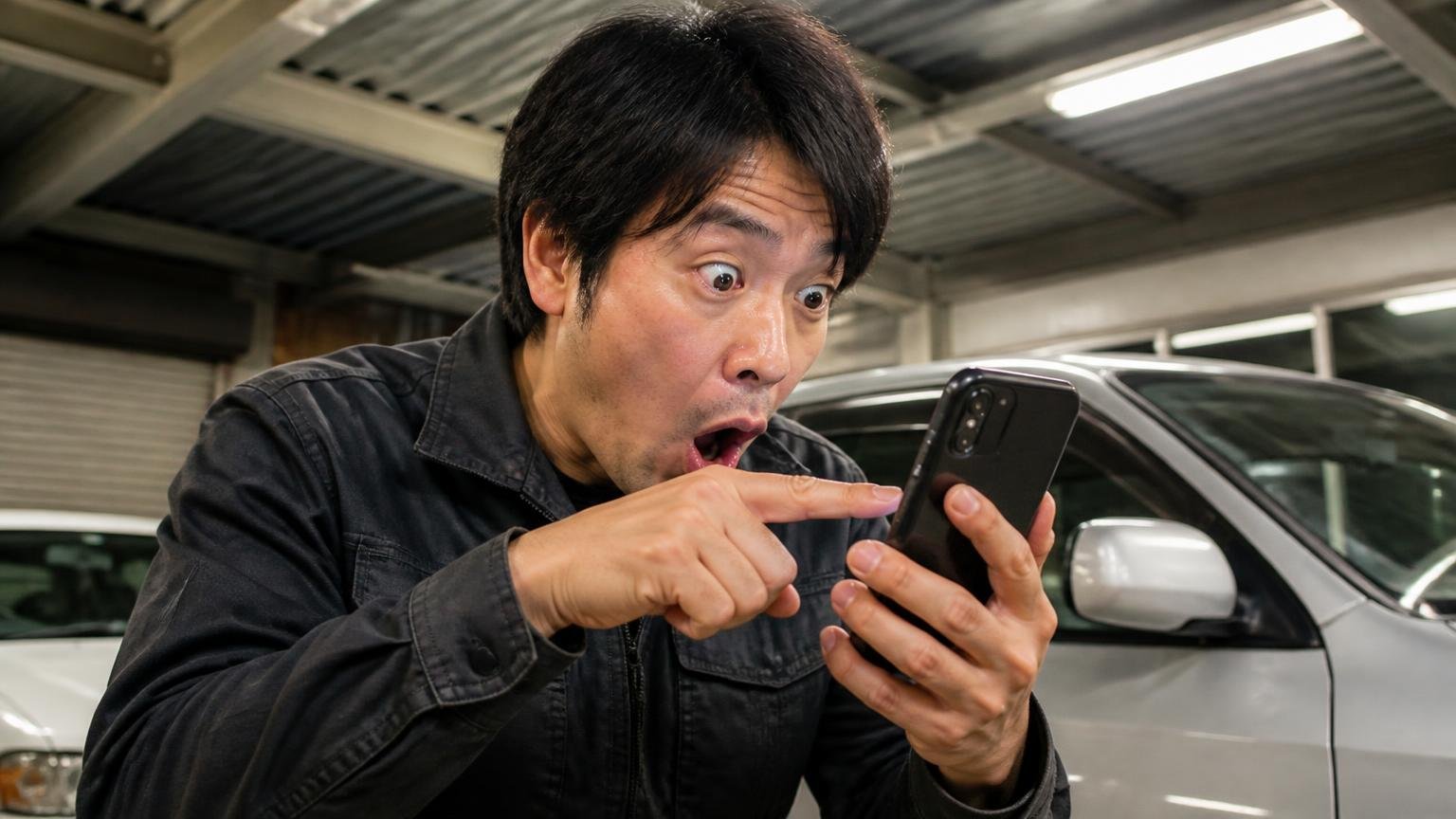 口コミを読むときのチェックポイント|夜の車庫でスマホの投稿日を指さす男性1人が目を見開く