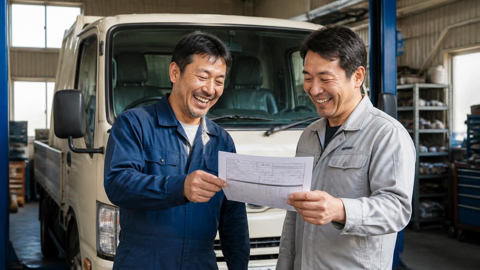 発進の力強さと修理費が安く済んだ声 整備工場でデュトロの前に立ち請求書を見て笑顔の男性2人