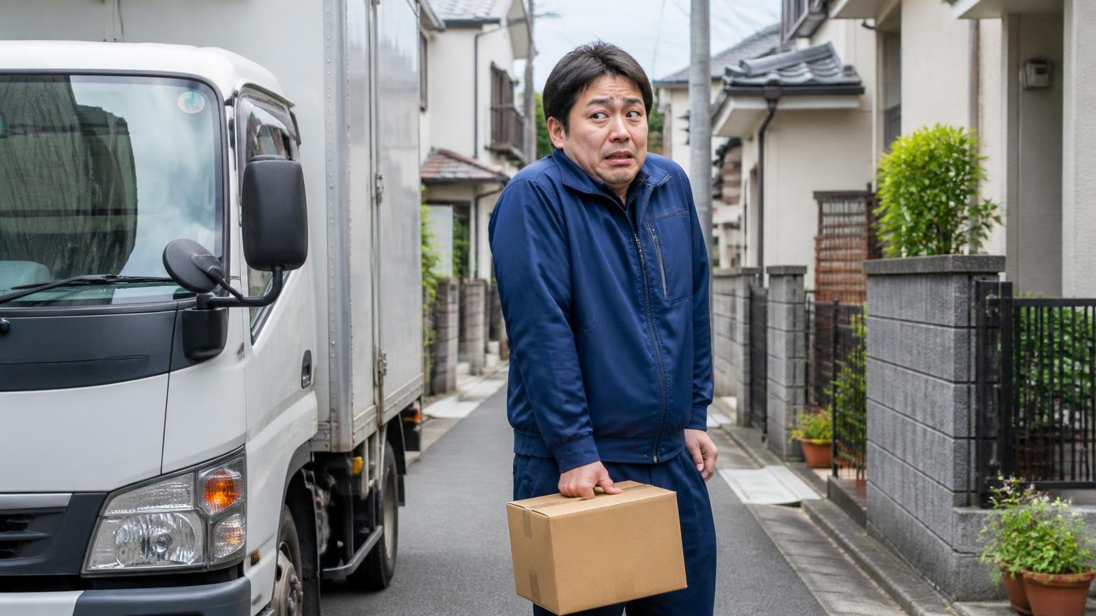 不満が出やすい人:住宅地の短距離配送が中心の人 住宅街の狭い道に停めたトラックの横で、周囲を気にして肩をすくめる男性1人