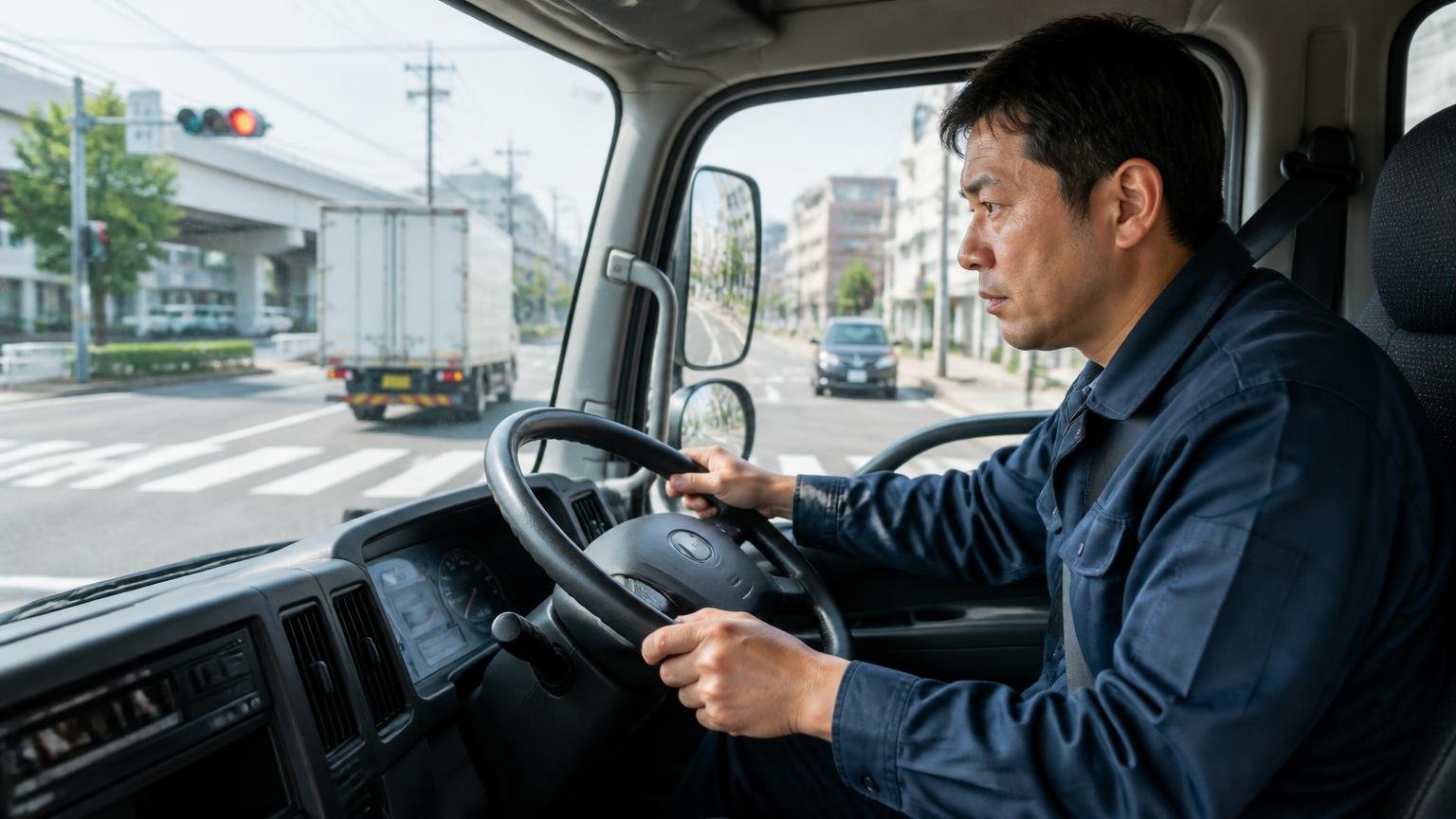 アクセルの踏み方で燃費が変わる|信号待ちのトラック運転席で男性1人がゆっくり発進しようと集中する