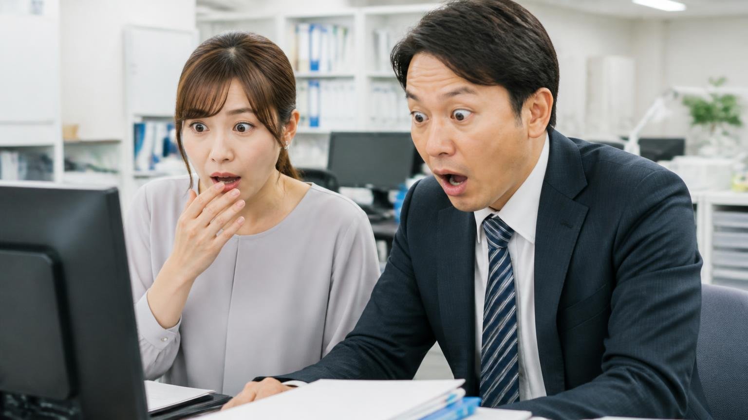 国交省の届出内容と符合。事務所のパソコンで公表資料を読む30代女性と40代男性が息をのむ