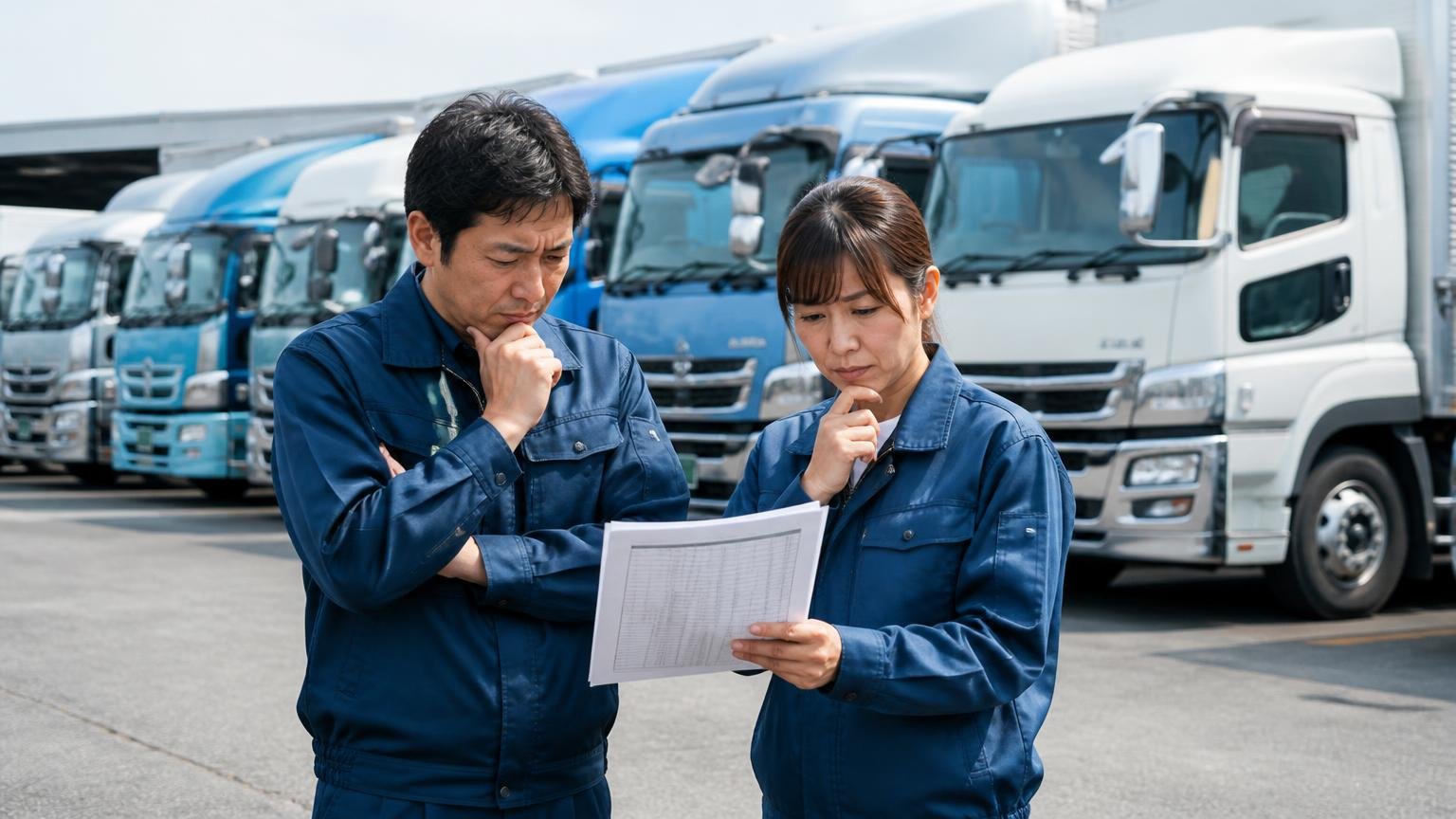 ただし、同じ投稿の中に冷静な指摘もある|営業所の車庫に並ぶ複数の大型トラックの前で2人が運行記録を見比べて考え込む