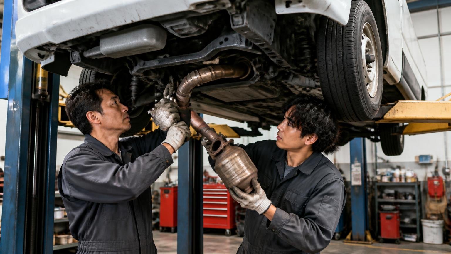 原因は周辺部品のことも。整備工場のリフト上のエルフの下で、整備士2人が排気系の部品を外して確認する