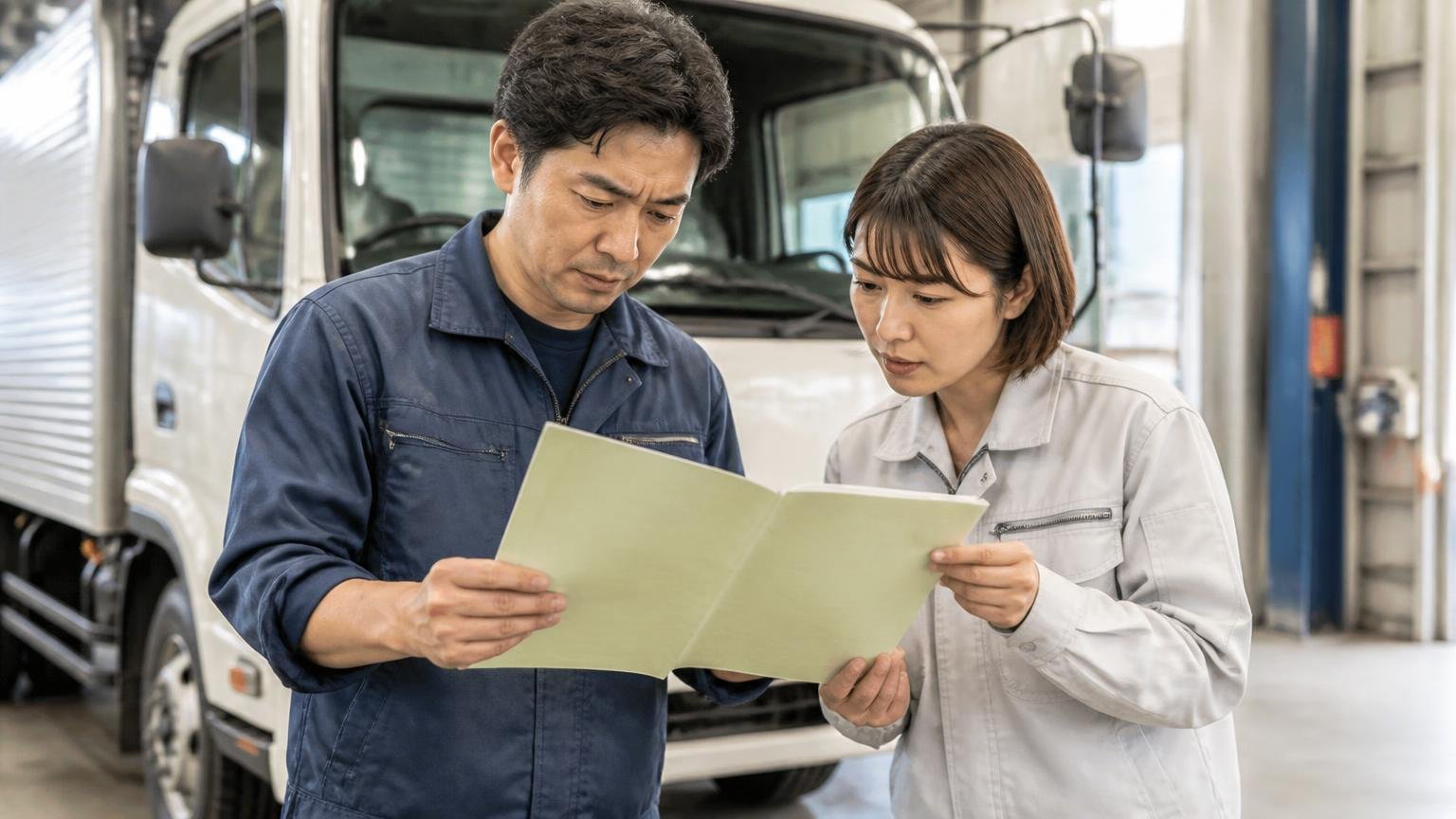 自分の1台がどれなのか確かめる 車庫でトラックの車検証を開いて確認する場面 男女2人が書類を覗き込む
