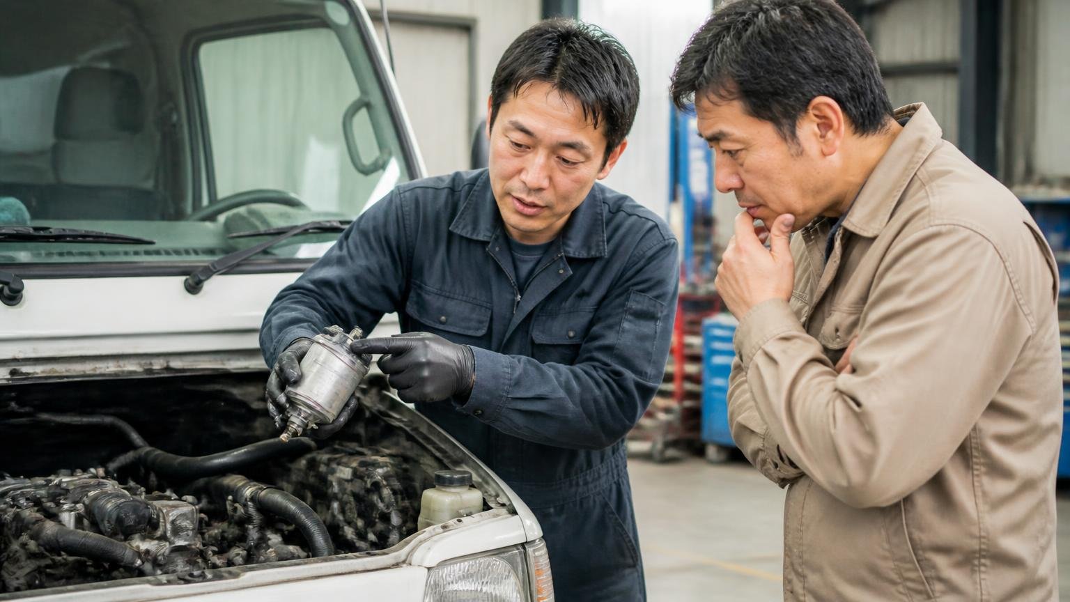 燃料を送る部品の不具合 整備工場でエンジンルームを開けた小型トラックの前 整備士1人と運転手1人 部品を指さして説明