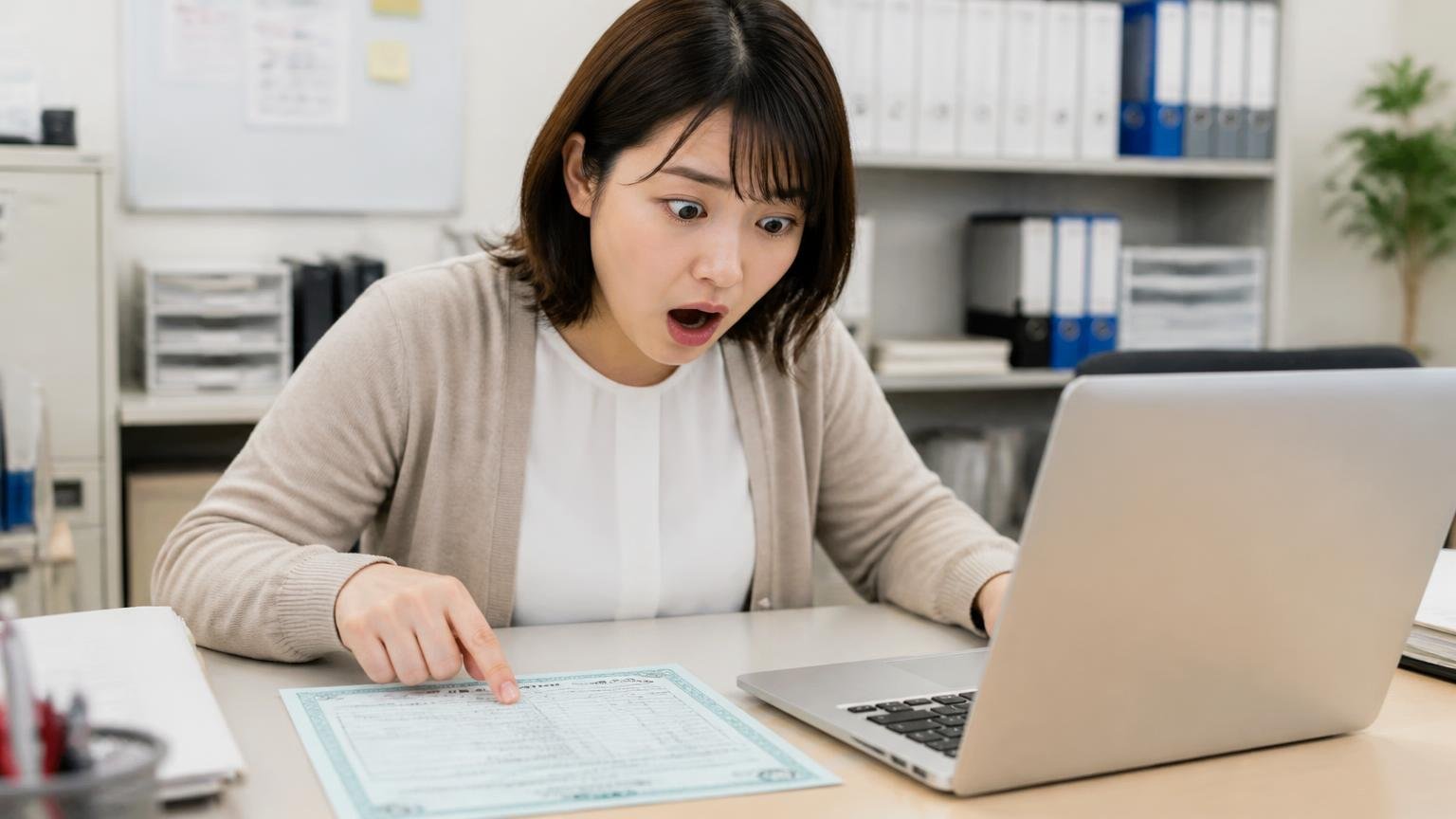 国土交通省に届出されたリコールの記録を時系列で見る、事務所のデスクで車検証とパソコンを並べて確認する場面、事務担当の女性1人が驚いた表情