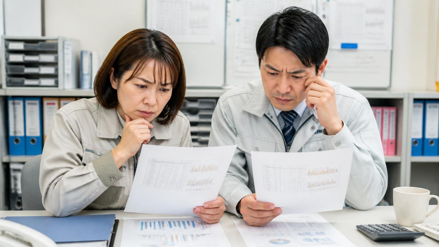 対象台数と不具合件数は違う。事務所で数字の並んだ書類を女性1人と男性1人が真剣に見比べる