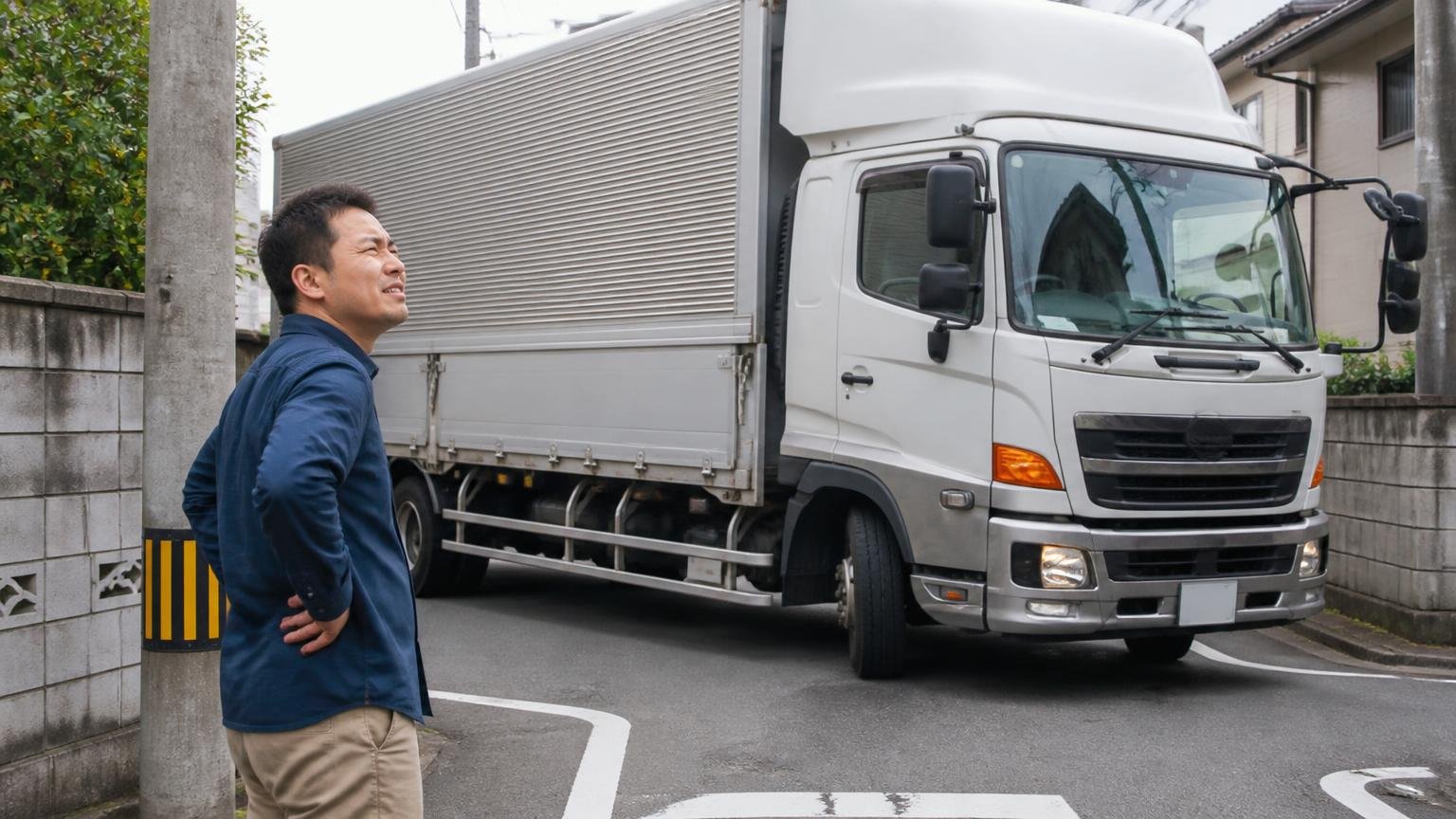悪い評判　狭い一般道の交差点で切り返しに苦労する大型トラックの脇　見上げる男性1人　渋い顔