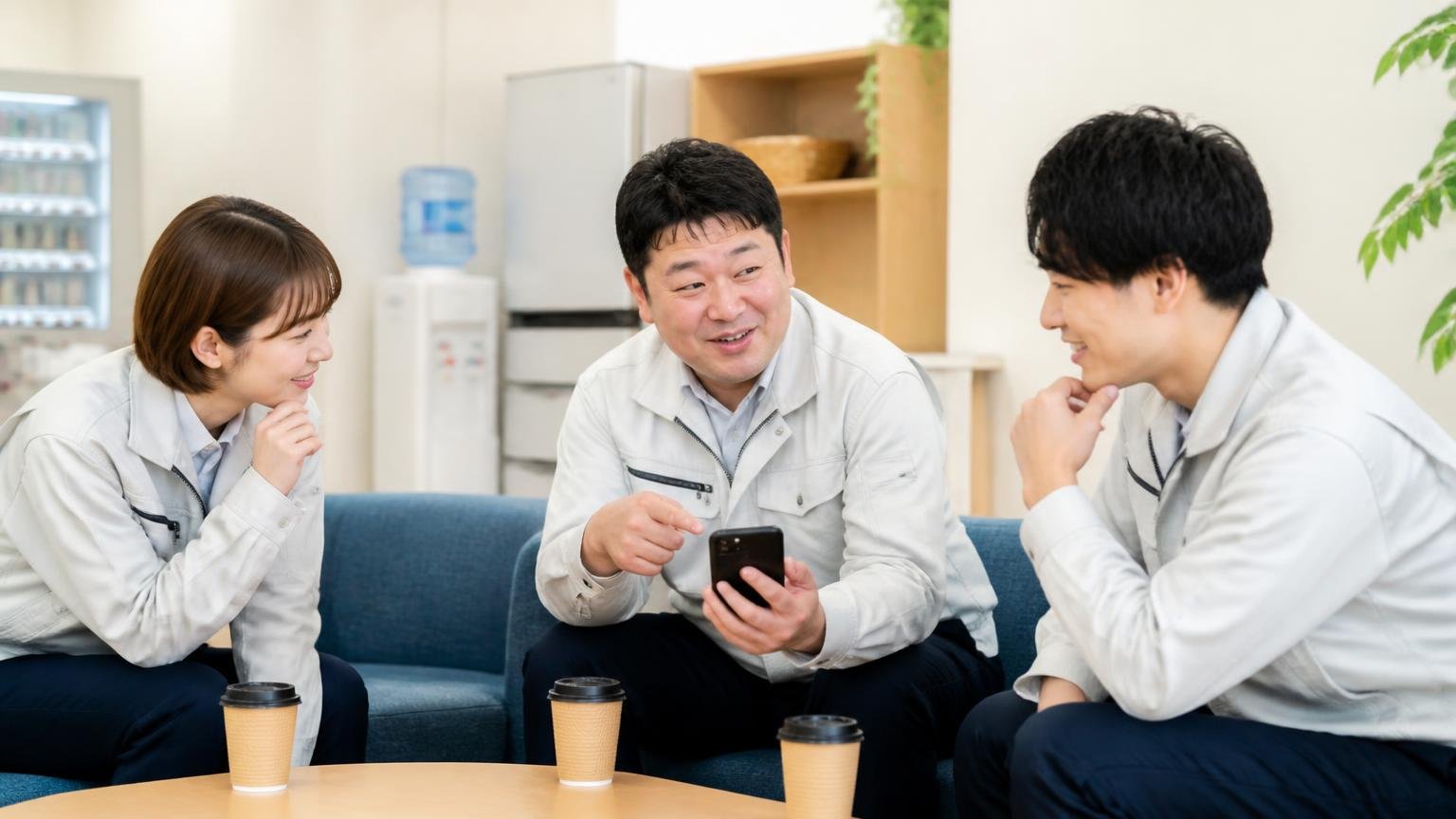 良い声と悪い声を並べて見えてくるもの 営業所の休憩室でスマホを見ながら話す屋内 男女3人 うなずき合う