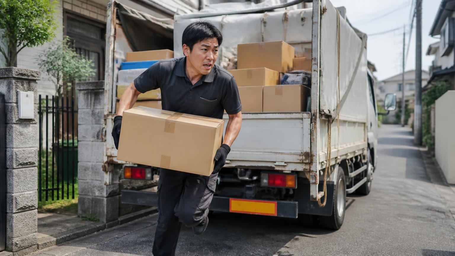 向いていない使い方はごく短距離中心で整備が後回し 住宅街で荷物を降ろす路上 ドライバー1人が急いで荷台から荷物を運ぶ