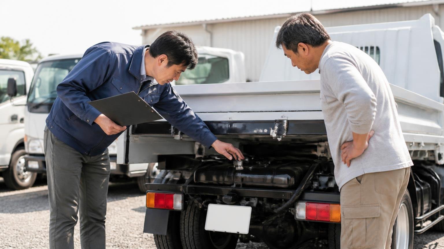 査定から入金までの流れと日数。営業所の車庫でトラックの荷台をのぞき込む査定担当者と持ち主の2人