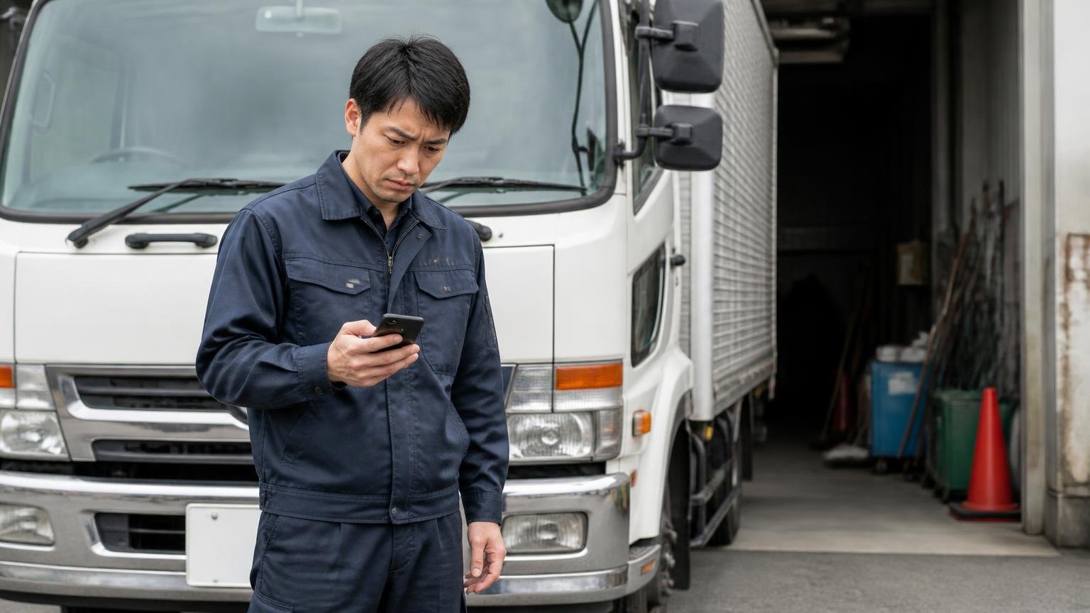 メールの返事が来なかったとき本当に失っているもの／車庫の4tトラックの前でスマホを確認／男性1人／肩を落とす