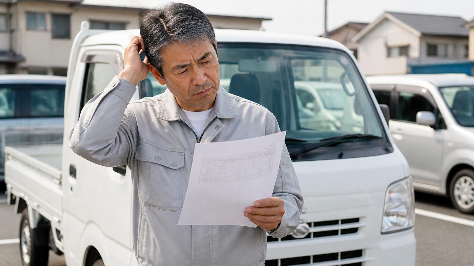車種によっては他社の方が高かった。屋外の駐車場に停めた軽トラックの前で、50代男性1人が見積書を手に首をかしげる