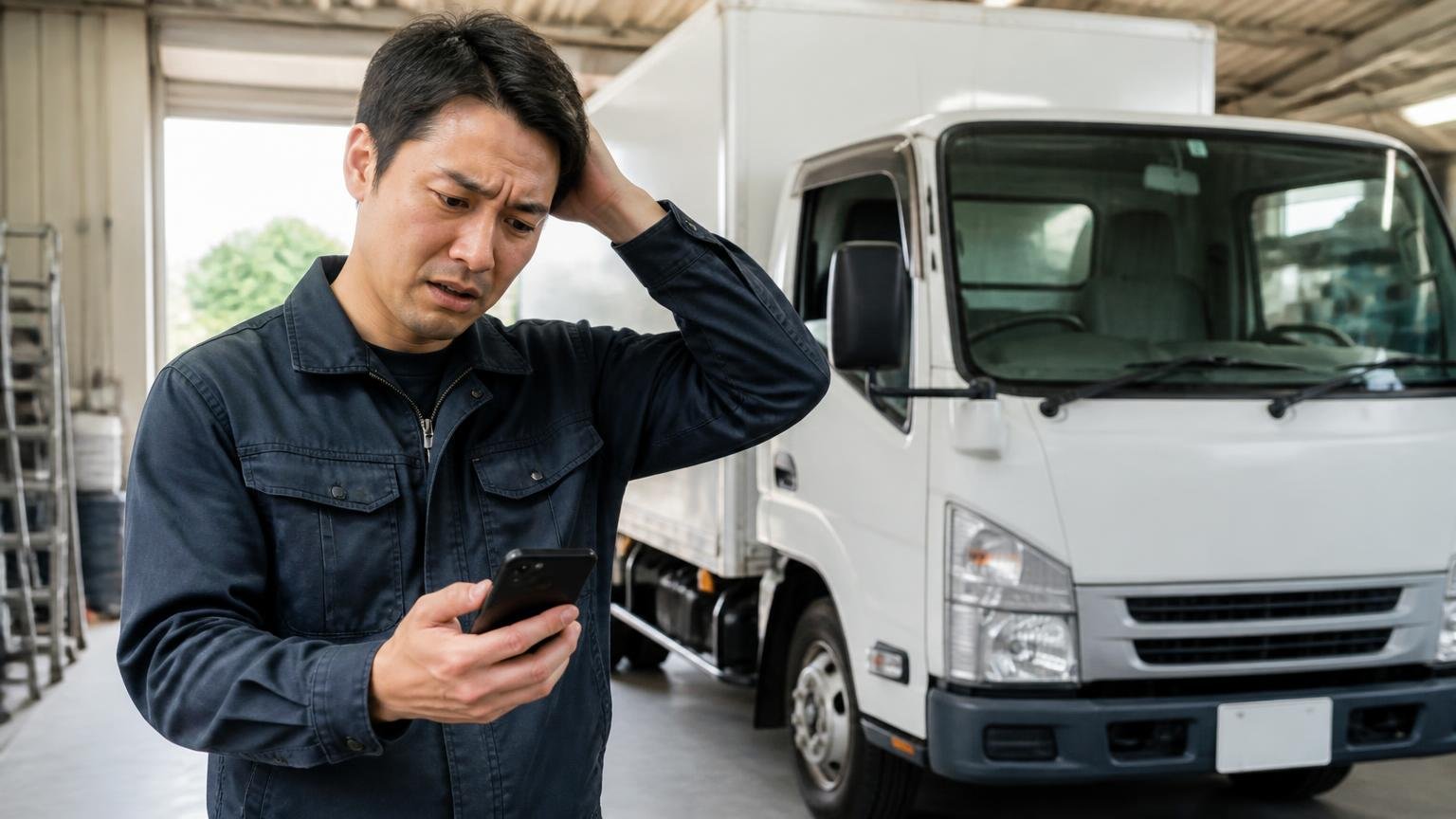 電話の概算と現地査定が食い違う。車庫でスマホ片手にトラックを前に立つ男性1人、困惑の表情