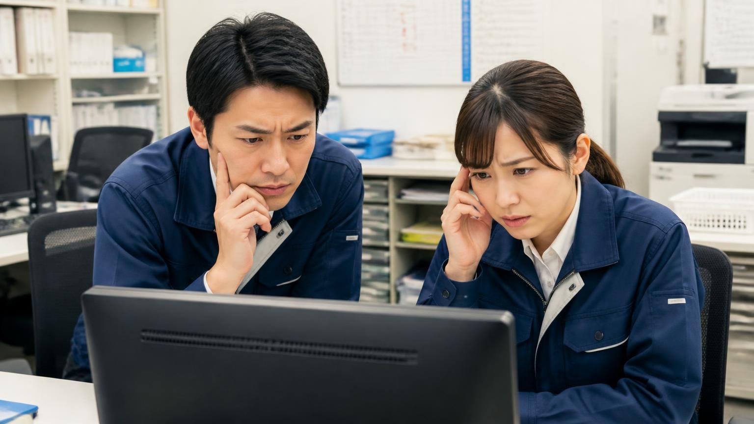 金額の材料がない。運送会社の事務所でパソコン画面を覗き込む男女2人が眉を寄せて困惑する