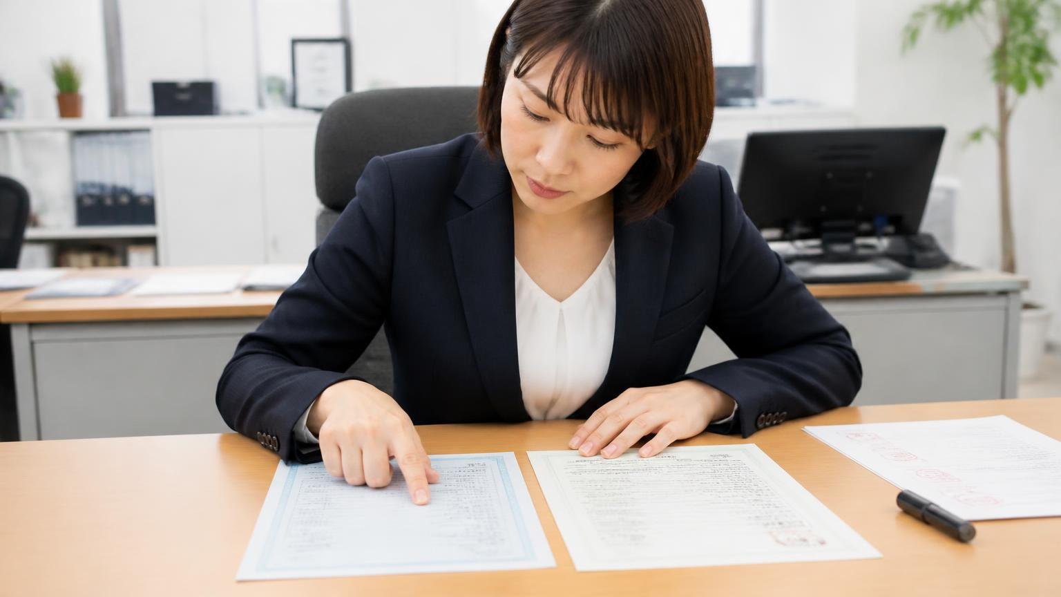 買取の流れは5ステップ。書類は車検証・印鑑証明・譲渡証明書・委任状 事務所で車検証と印鑑証明を並べて確認する女性1人 指さして確認