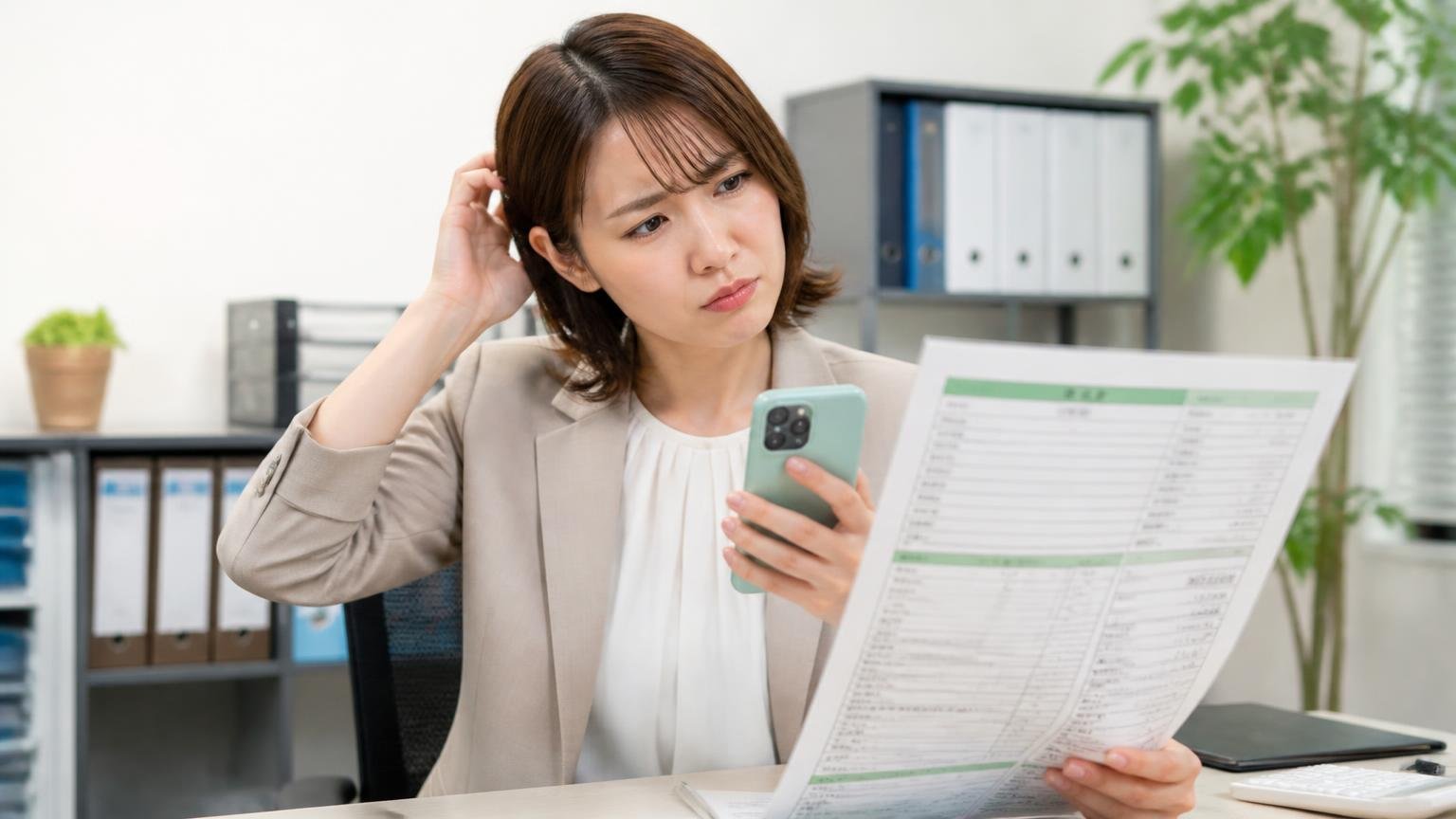 星の数字だけを見ると読み違える 事務所で査定書とスマホの口コミを見比べる女性1人が首をかしげる