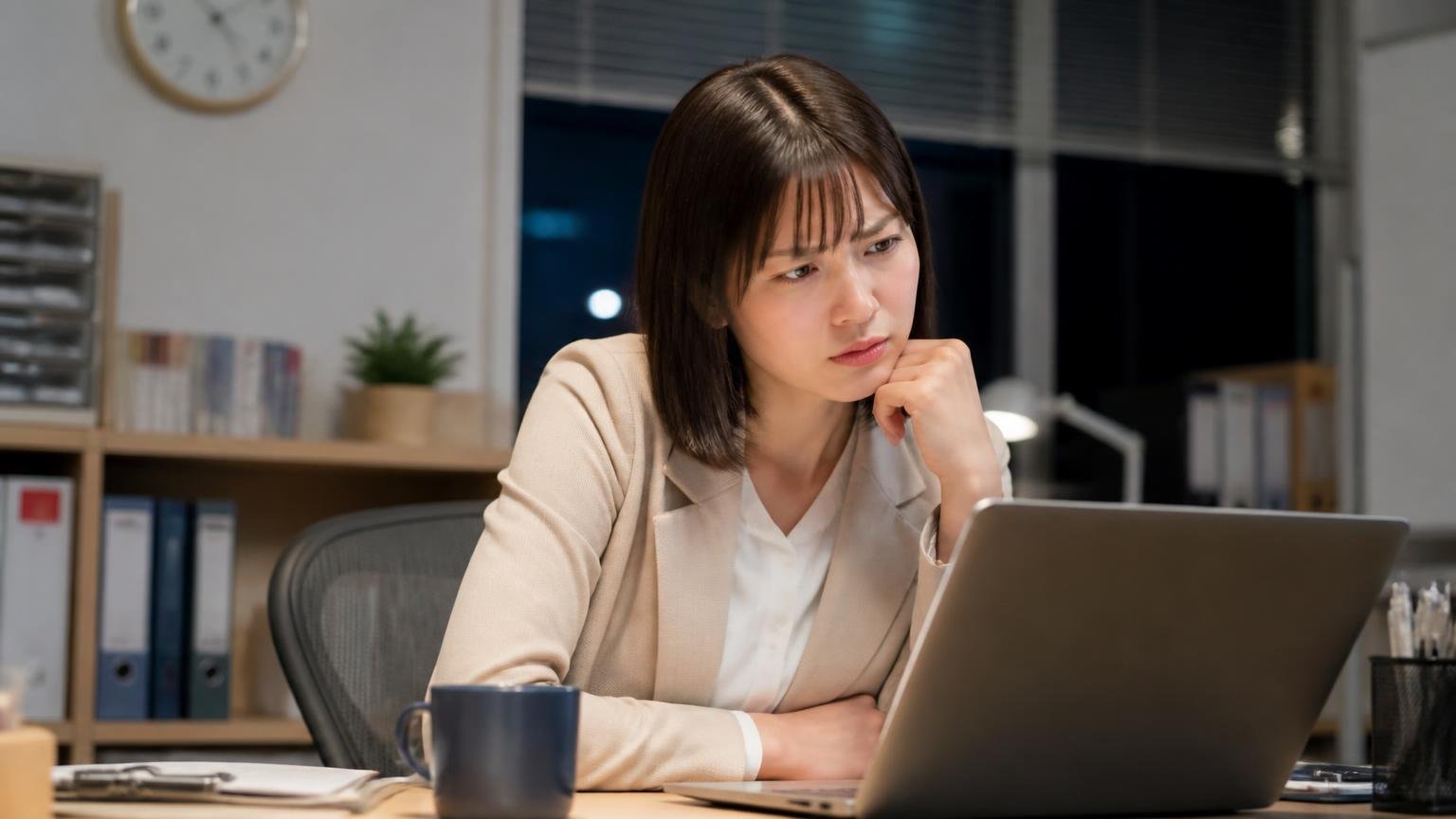口コミが少なすぎる。その理由を調べたら納得した|夜の事務所でパソコンの検索結果をのぞき込み首をかしげる女性1人