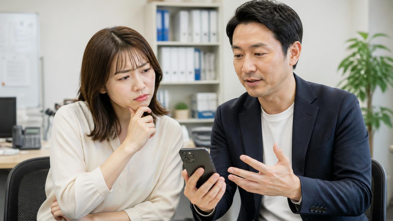 匿名掲示板の書き込みを扱う3つのルール。事務所でスマホの画面を見ながら女性が首をかしげ、隣の男性が落ち着いた表情で説明している