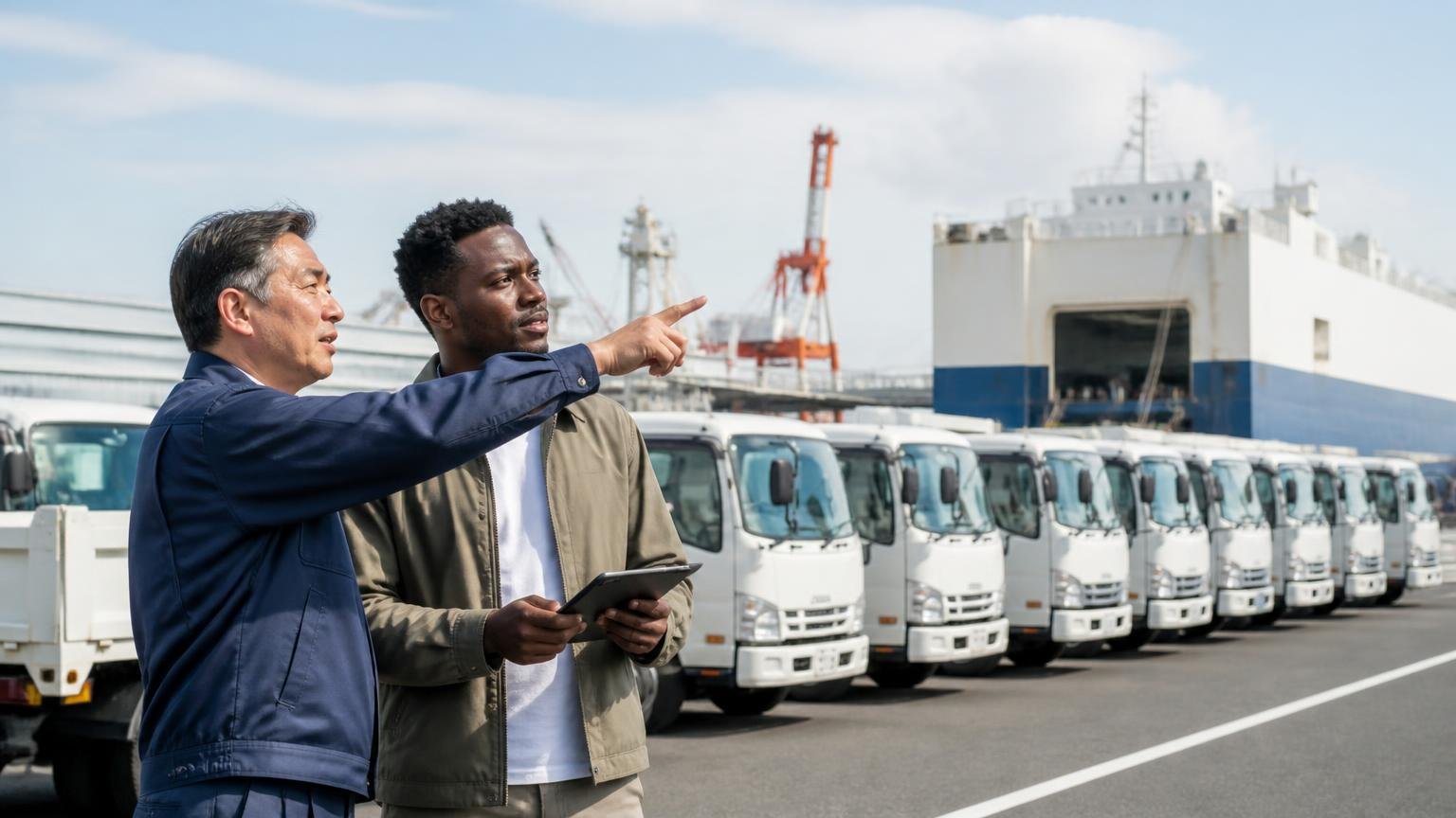 なぜ海外に販路がある業者だと結果が変わるのか 港のヤードで船積みを待つ中古トラックの列の前 2人 遠くを指さして説明する