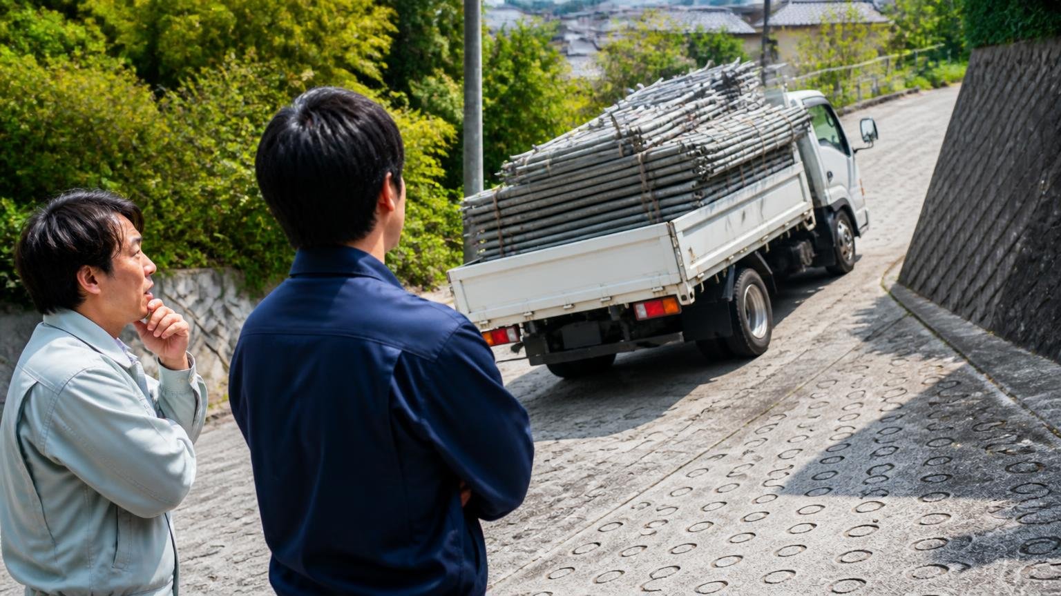 キャンターが向いている人・向いていない人。坂道の現場で荷を満載にしたトラックが発進する場面を見守る2人