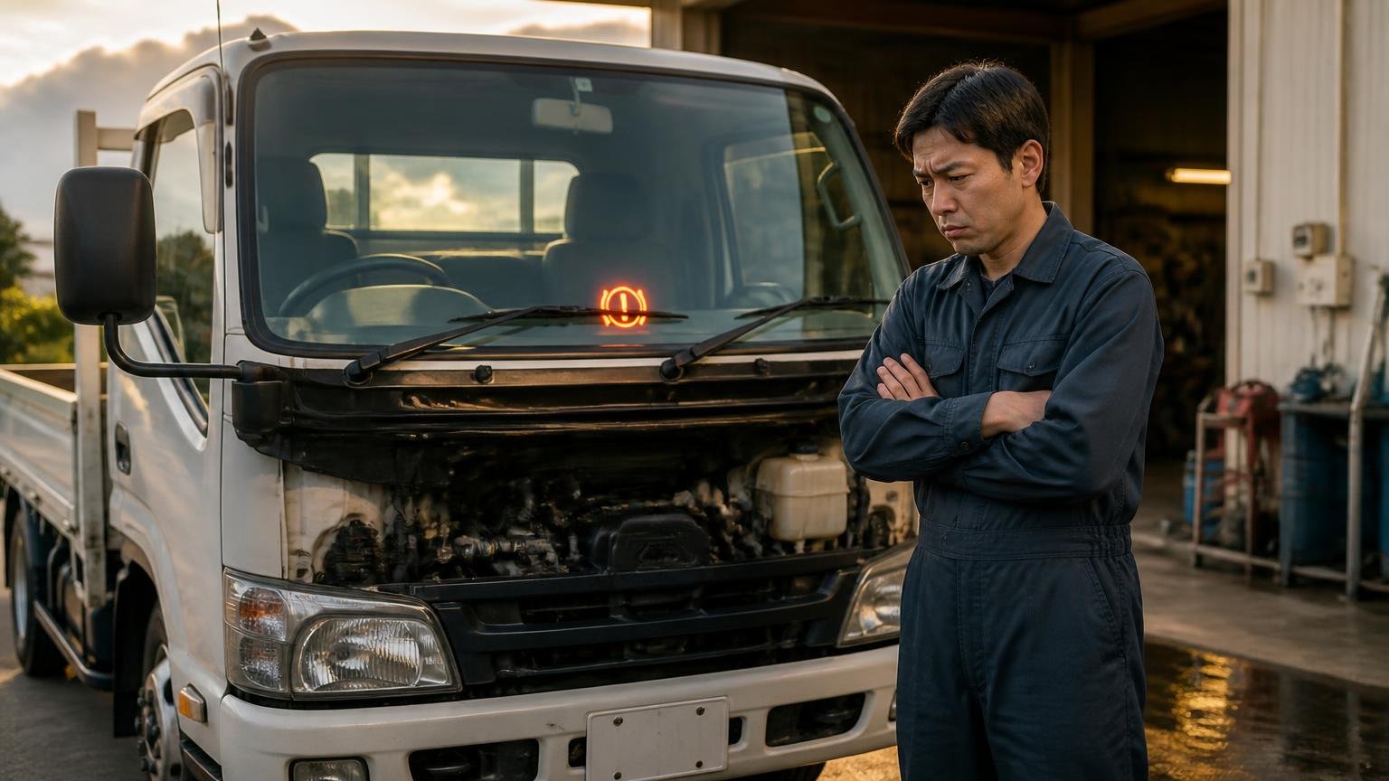 そのうち直すがいちばん高くつく理由|夕方の車庫で警告灯の点いたデュトロを前に腕を組む男性1人