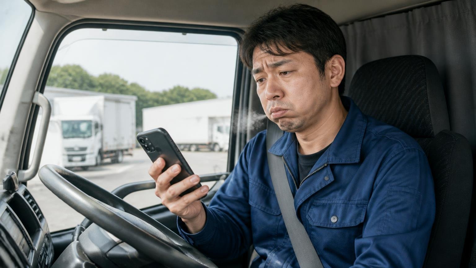 営業電話がしつこいという不満 トラックの運転席で着信中のスマホを見つめる男性1人が困った顔でため息をつく