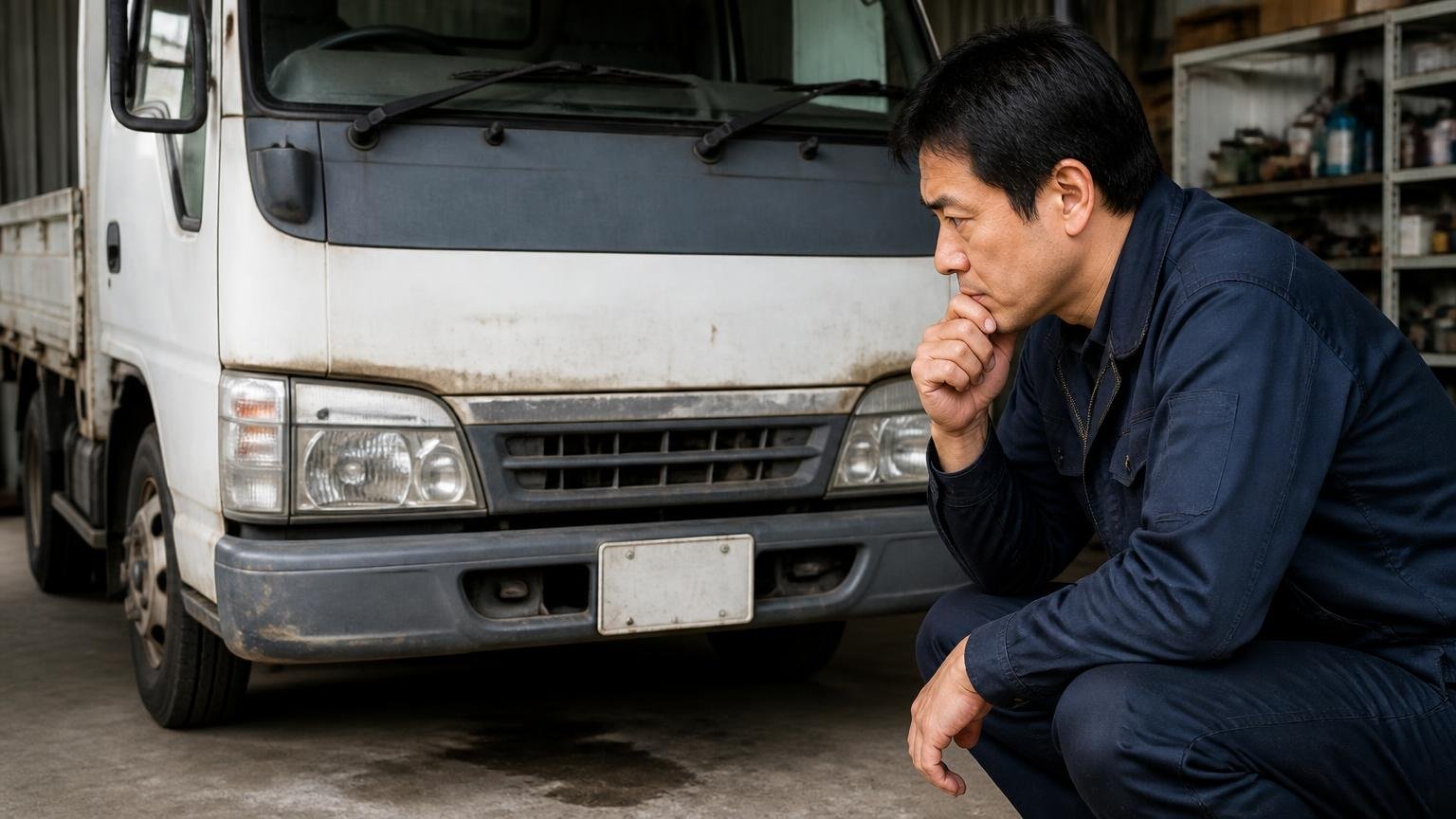 もう戻らない領域/車庫に停めた過走行のキャンターの前/男性1人/走行距離計を見つめて考え込む
