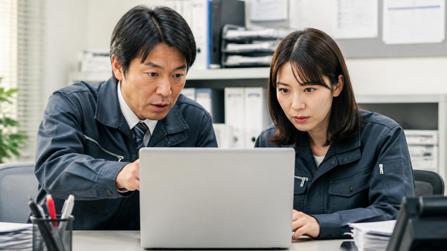 リコール情報は確認できる事実。事務所のパソコンで車台番号を入力して確認する男女2人