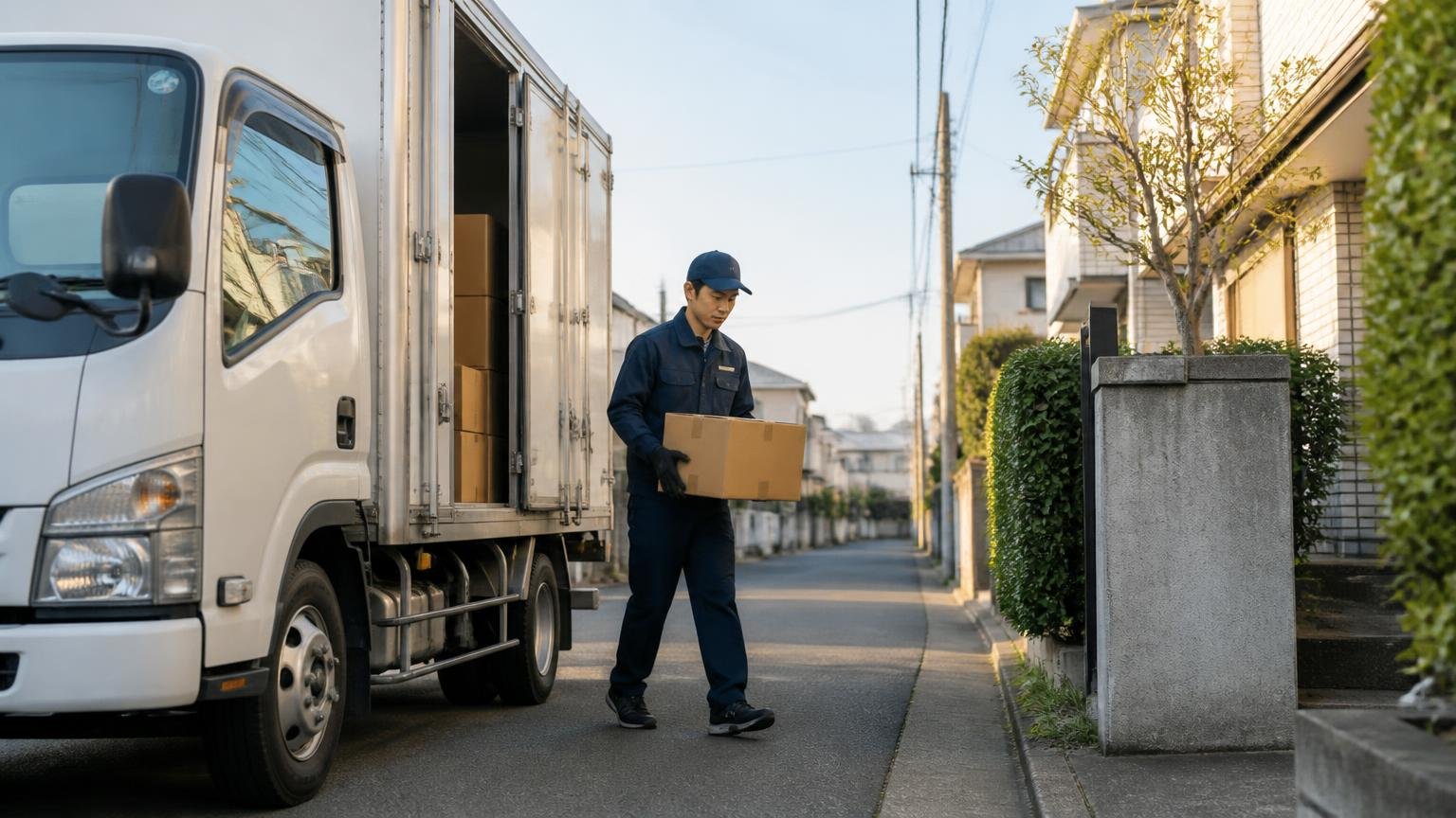 見落とされがちな静かさと環境面 早朝の住宅街でデュトロから荷物を運ぶ配達員1人が静かに作業する