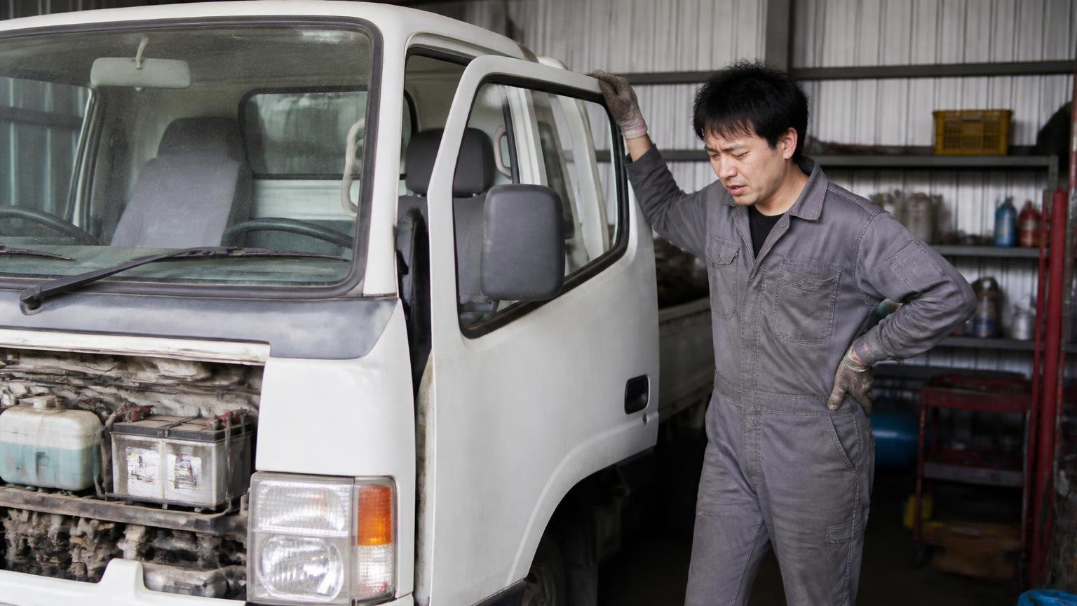車検切れとバッテリー上がりの1台。早朝の車庫で長く動かしていないトラックの運転席のドアを開け、ため息をつく作業着の男性1人