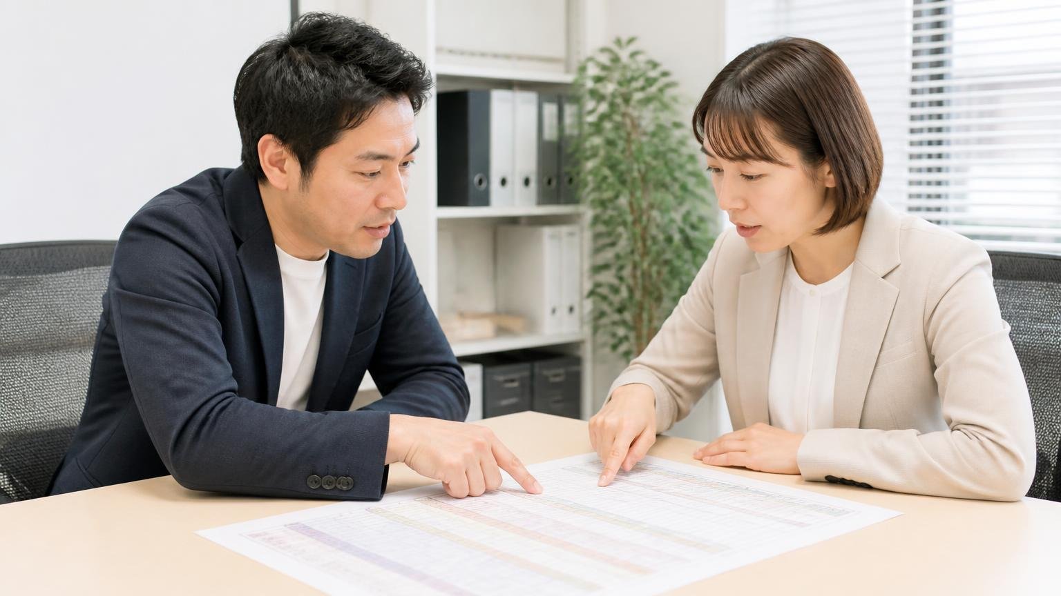 判断軸を1枚にまとめると 事務所で1枚の表を挟んで向かい合い、指さして確認する男性1人と女性1人