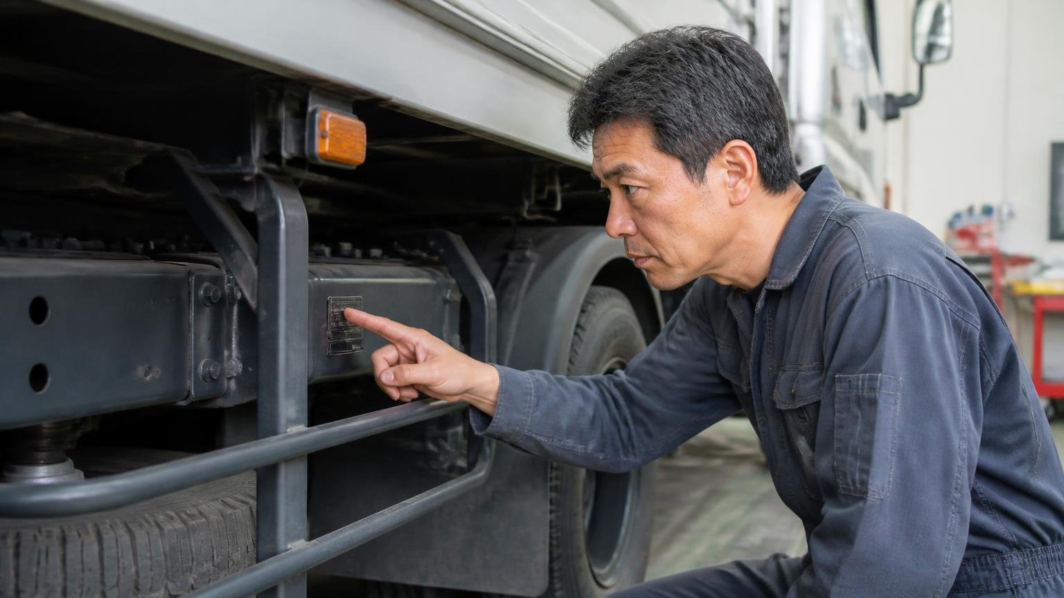 リコール対象かを確かめる手順。車庫でトラックの車台番号を確認する40代男性1人が真剣な表情