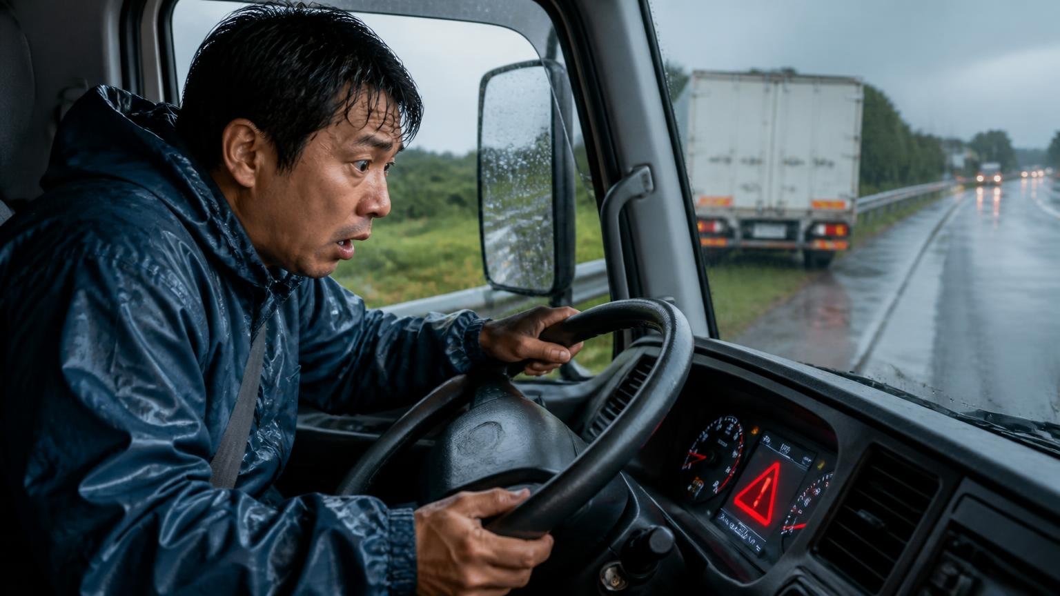 現場で実際に起きた故障のリアル|豪雨の路肩に停まった大型トラックの運転席で1人が点灯した警告灯を見つめ息をのむ