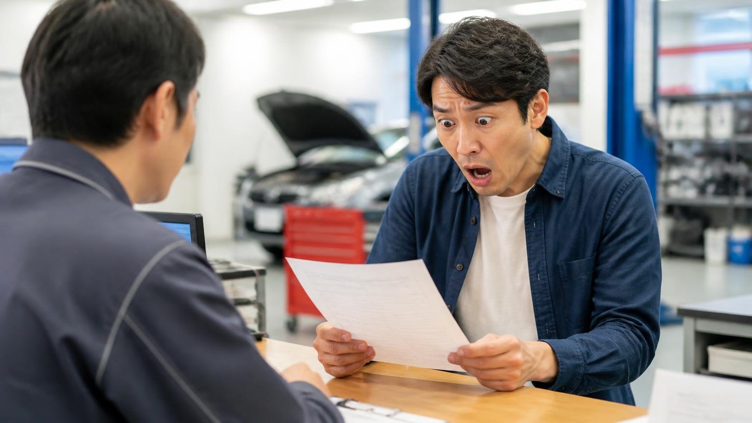 変速機トラブルは高額。整備工場のカウンターで見積書を受け取った男性が金額を見て言葉を失う