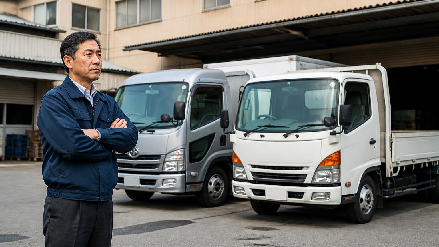 エンジン載せ替えの実例 運送会社の営業所前に並ぶ2tと3tのトラック 経営者1人 腕を組んで見つめる