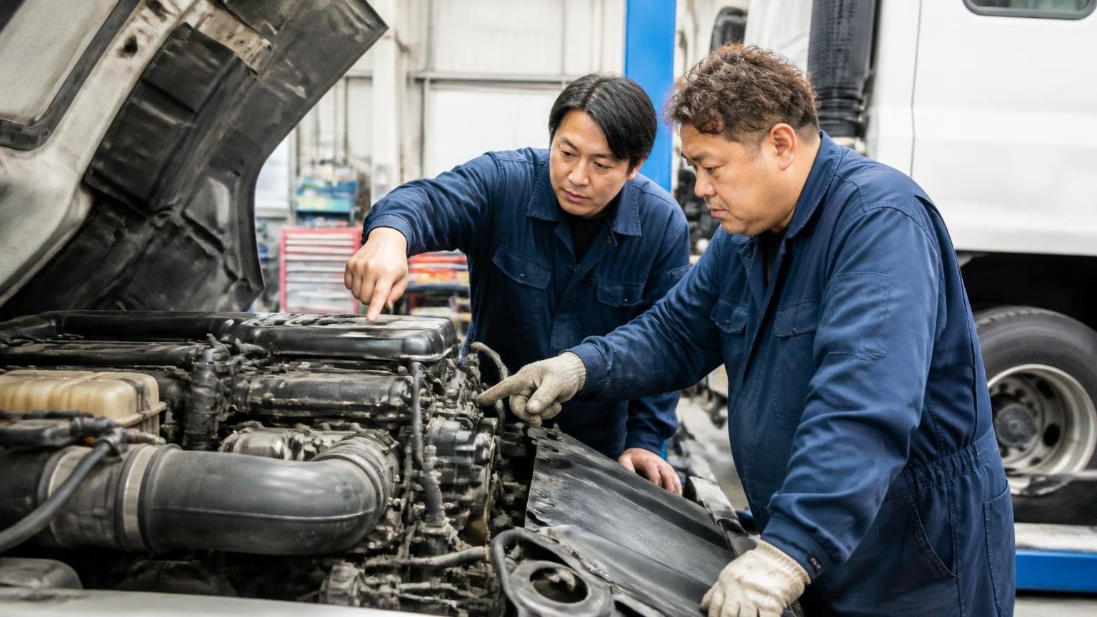 警戒すべき3系統。整備工場でエンジンルームを開けた大型トラックを整備士2人が指さし確認する
