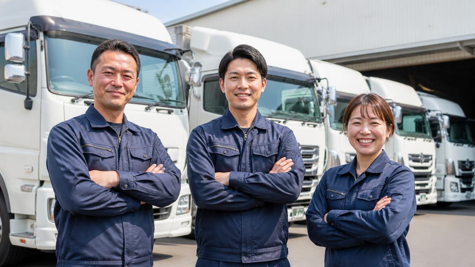 実際に導入した会社の声　営業所の前に並ぶ大型トラックを背に立つ作業着の社員3人　腕を組んで笑顔