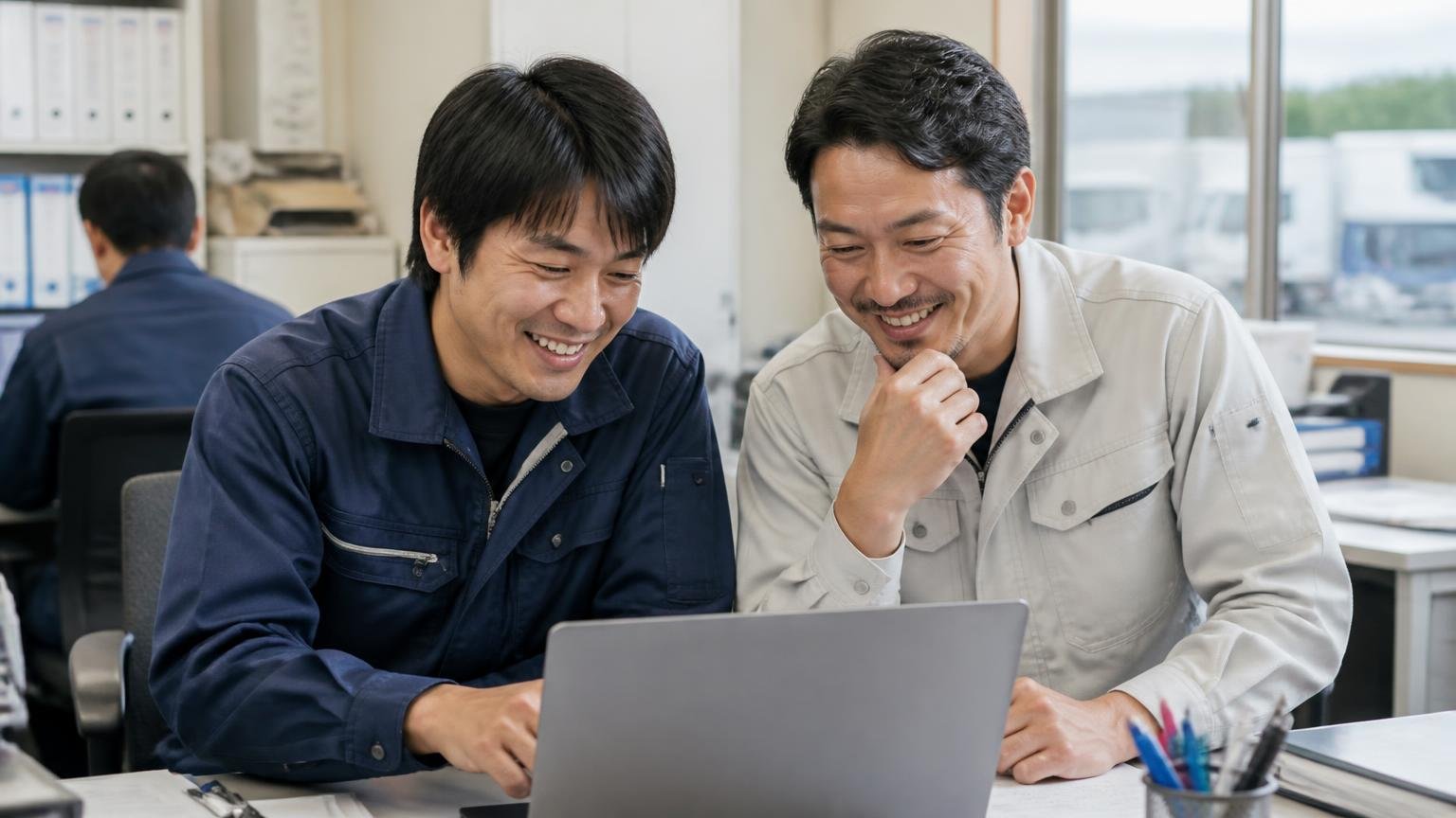 認証不正のその後｜運送会社の事務所でパソコンの記事を一緒に読み、肩の力が抜けて安堵の表情を見せる男性2人