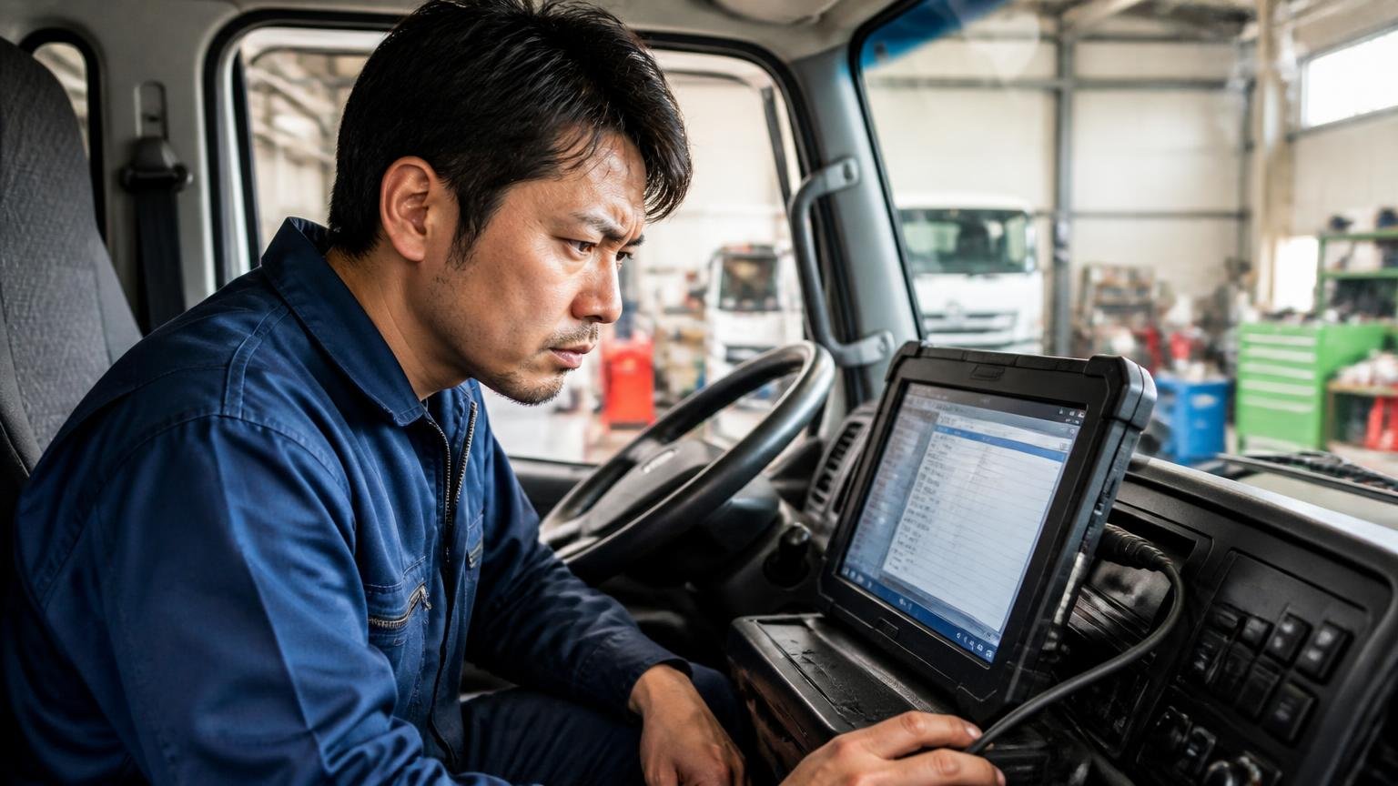 同じ変速しないでも費用の幅が大きい。整備工場で診断機をつないだトラックの運転席で、整備士1人が画面を凝視する