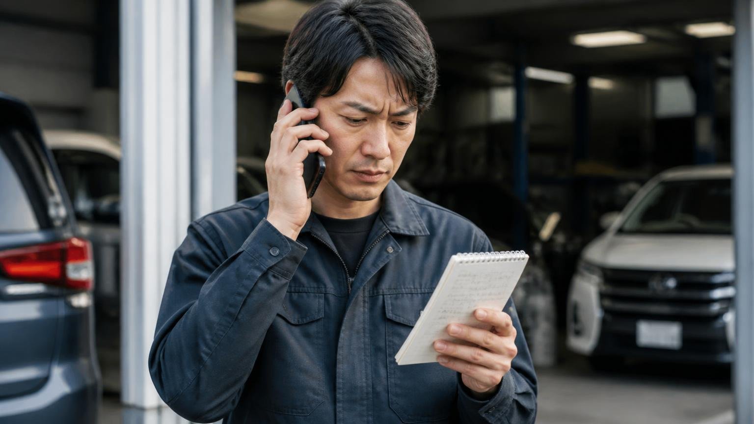 公式が約束していないこともちゃんと読む。屋外の車庫で電話をしながら手元のメモを見返す男性1人が真剣な表情